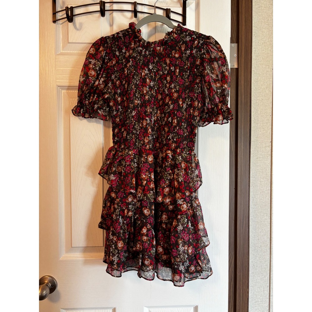 Olivaceous Floral Smocked Tiered Ruffle Mini Dress Short Puff Sleeve Brown Red M